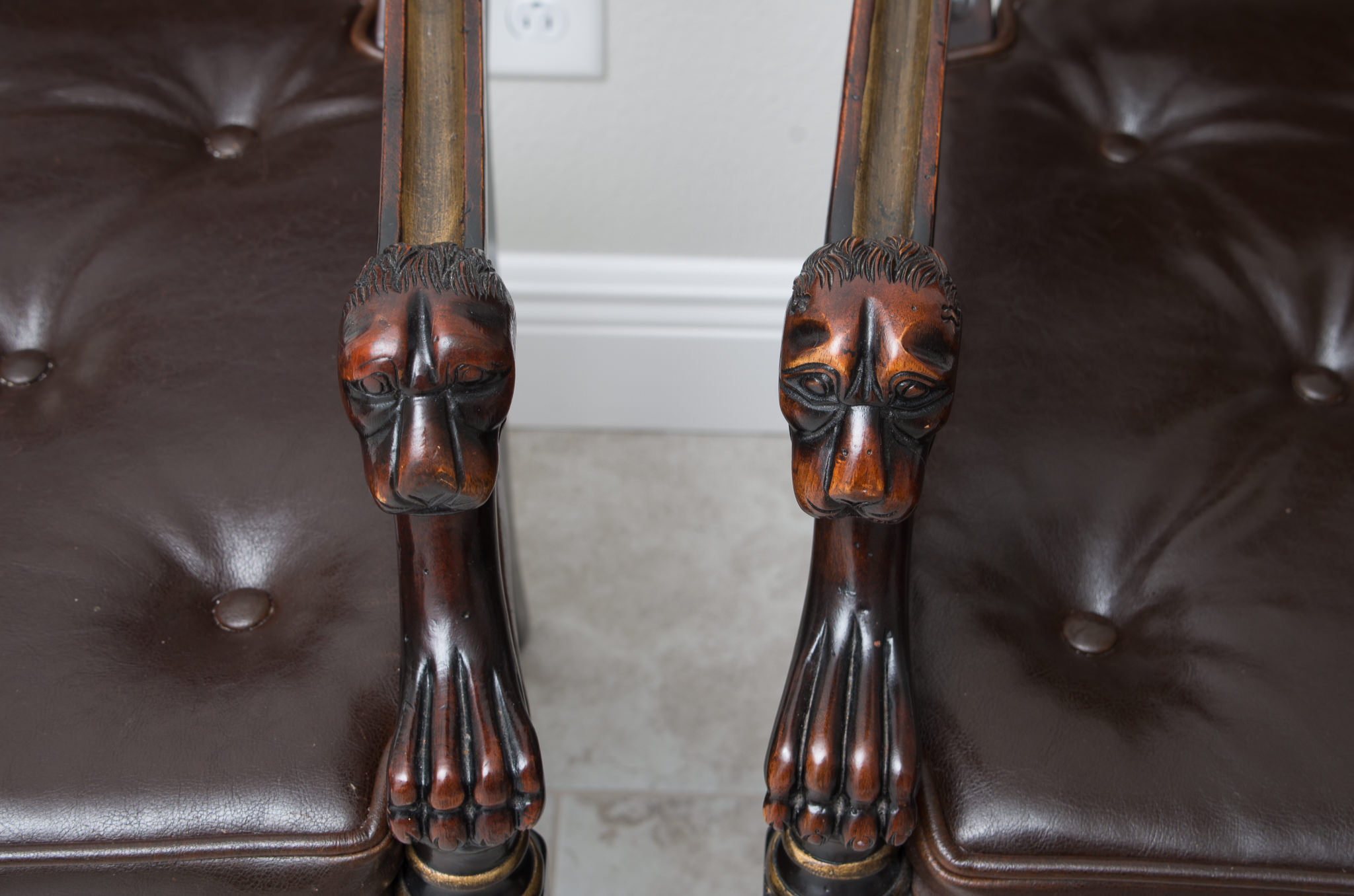 Pair of Louis XVI Style Leather Open Arm Chairs with Cane Seats