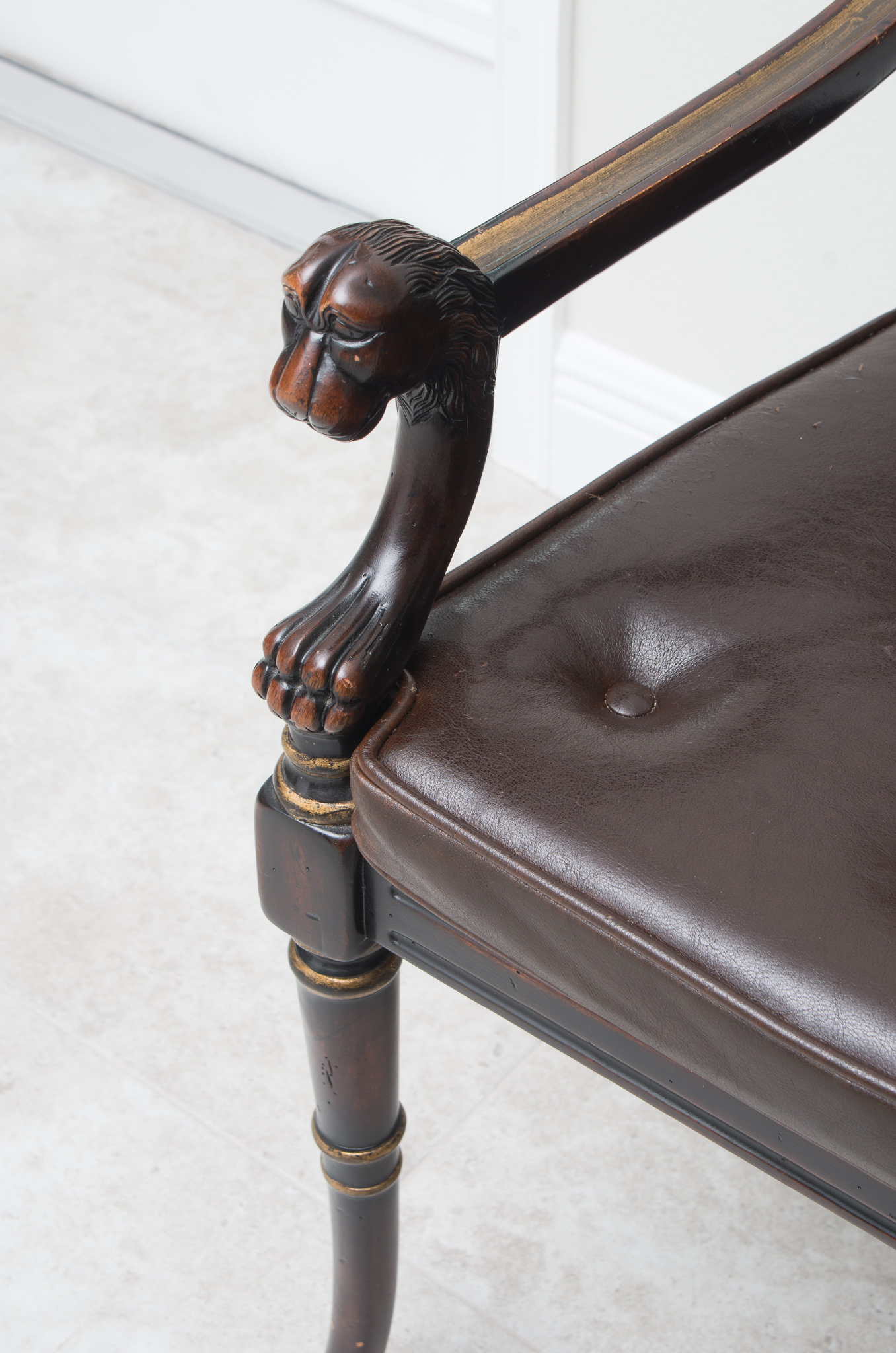 Pair of Louis XVI Style Leather Open Arm Chairs with Cane Seats