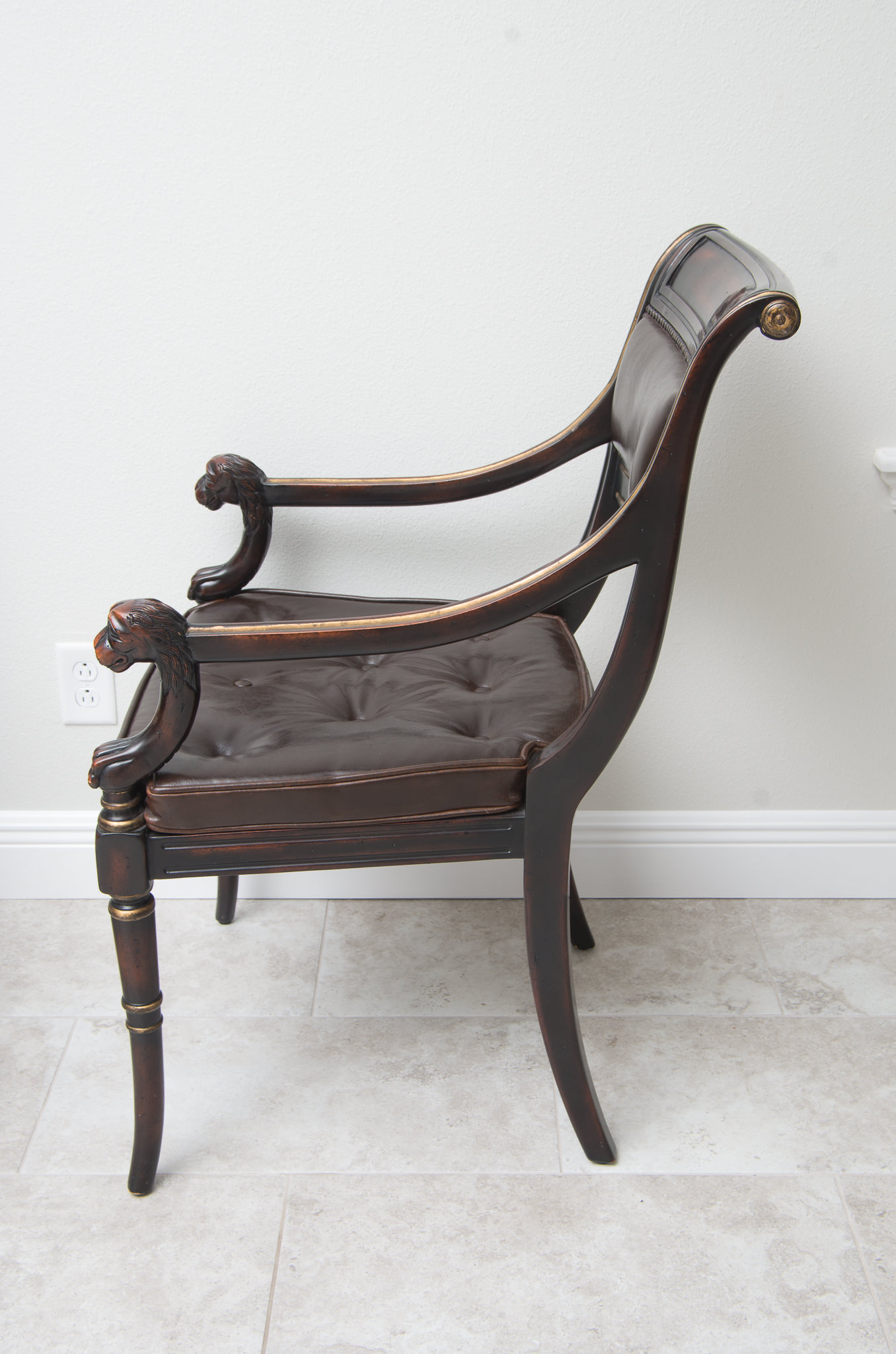 Pair of Louis XVI Style Leather Open Arm Chairs with Cane Seats