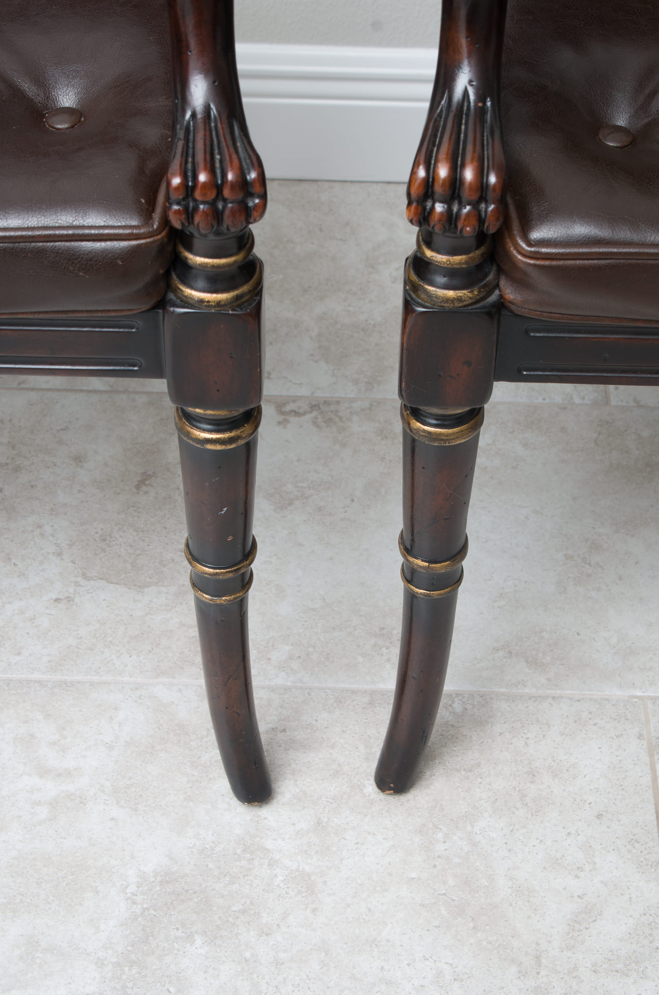 Pair of Louis XVI Style Leather Open Arm Chairs with Cane Seats