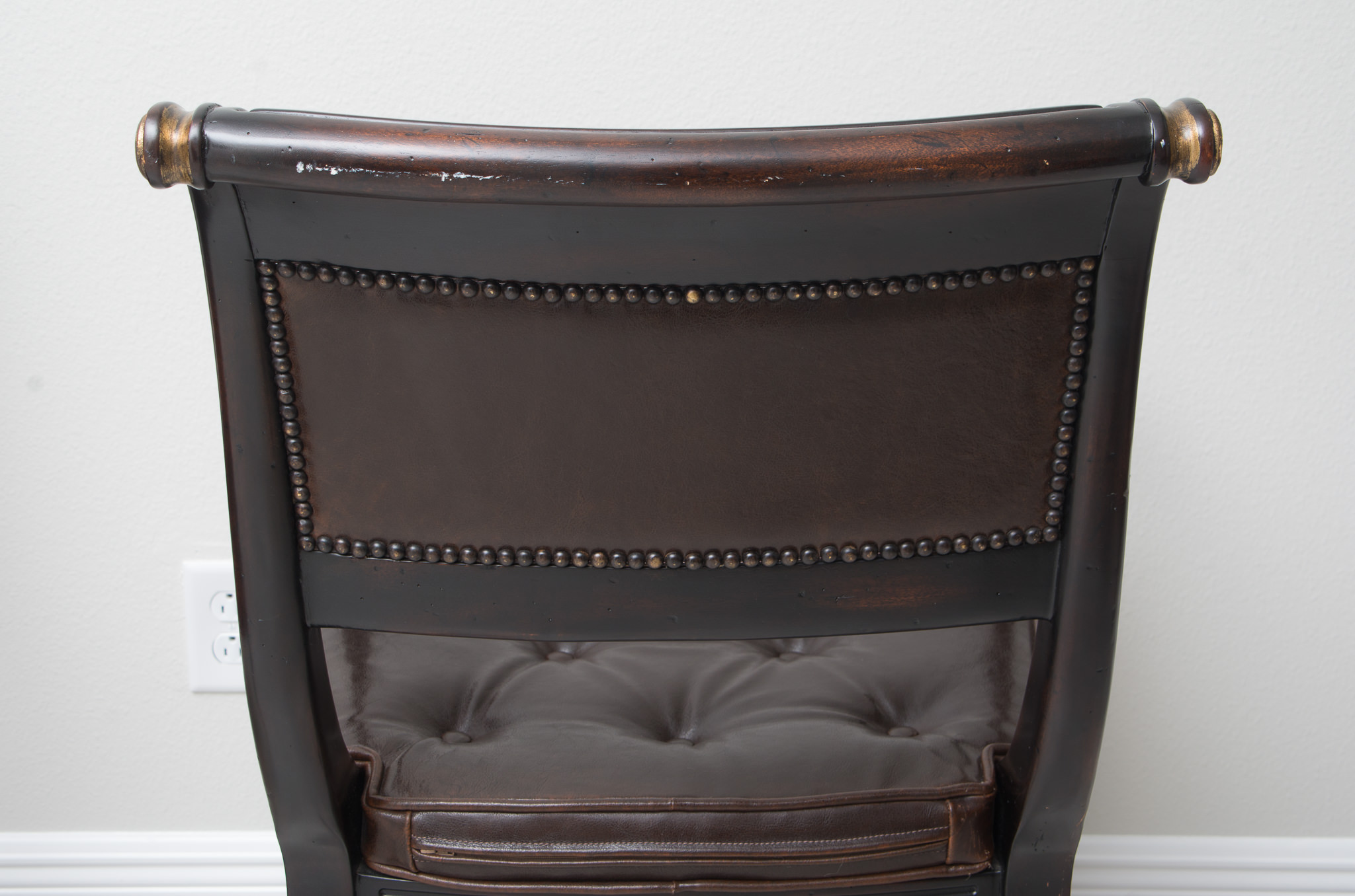 Pair of Louis XVI Style Leather Open Arm Chairs with Cane Seats