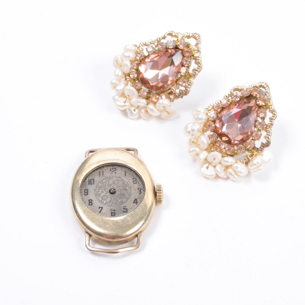 Gold Filled Watch Case and Gold Tone Earrings
