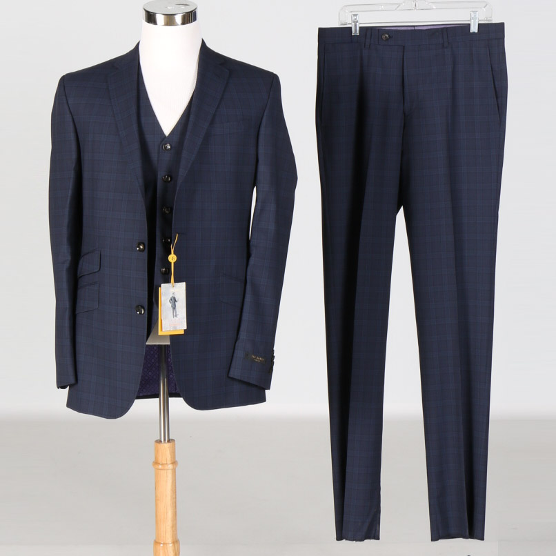 Ted Baker Navy Checked Wool Three Piece Suit