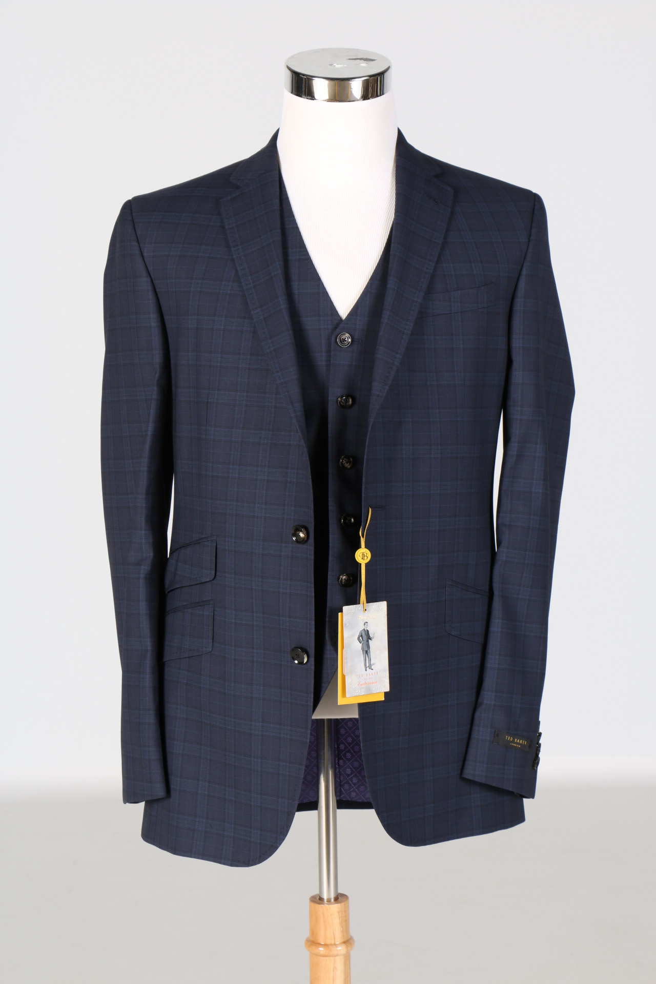 Ted Baker Navy Checked Wool Three Piece Suit