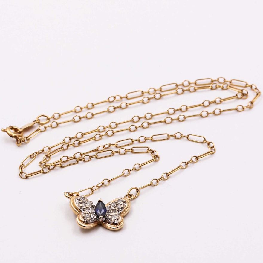 14K Yellow Gold Diamond and Sapphire Butterfly Necklace