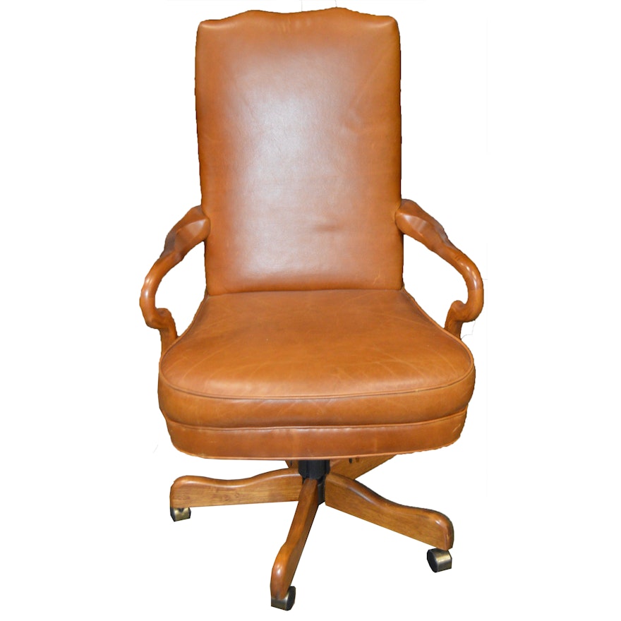 Leather Office Chair with Carved Wood Side Arms