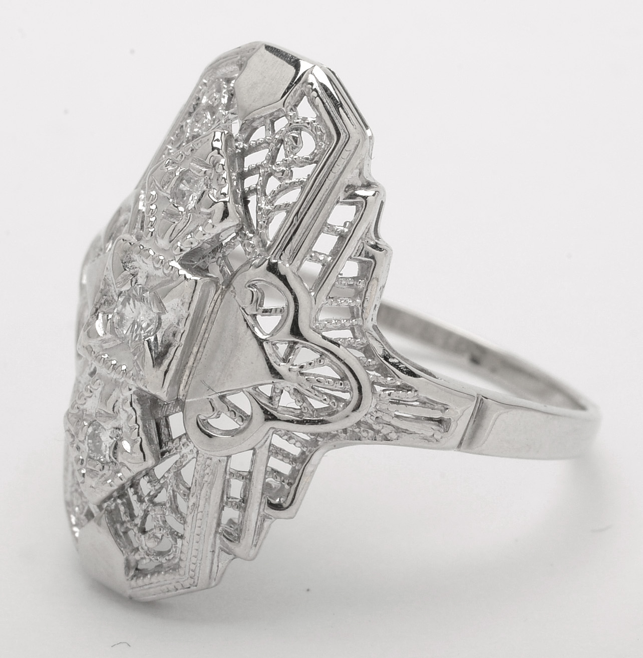 Art Deco 10K White Gold Filigree Shield Diamond Ring