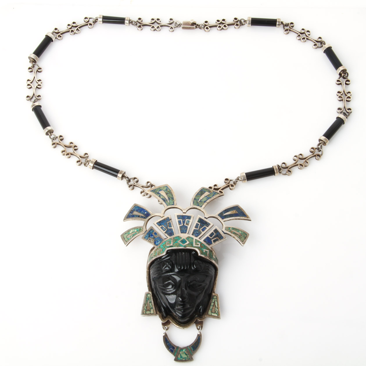 Taxco Sterling Silver, Onyx, and Inlaid Turquoise Aztec Warrior Face Necklace