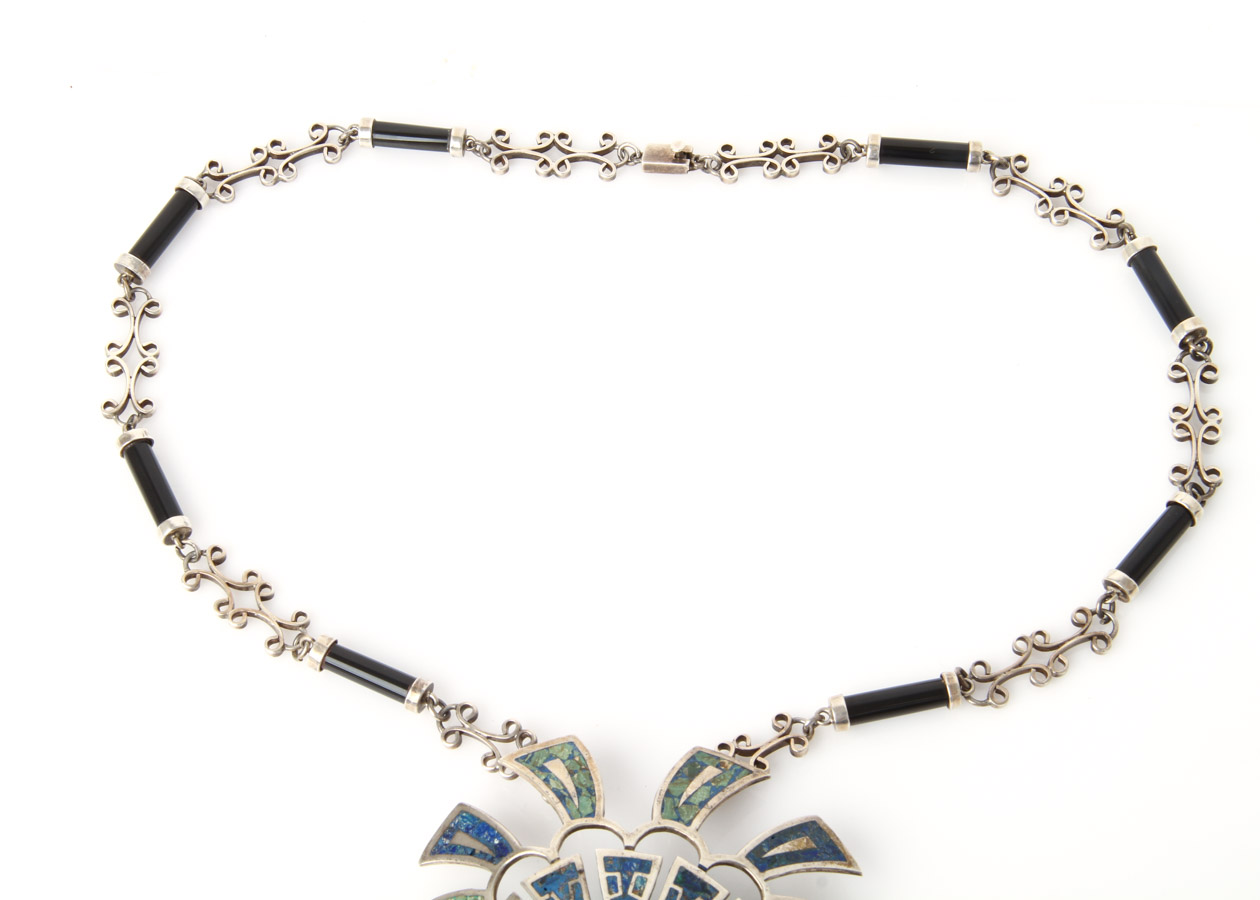 Taxco Sterling Silver, Onyx, and Inlaid Turquoise Aztec Warrior Face Necklace