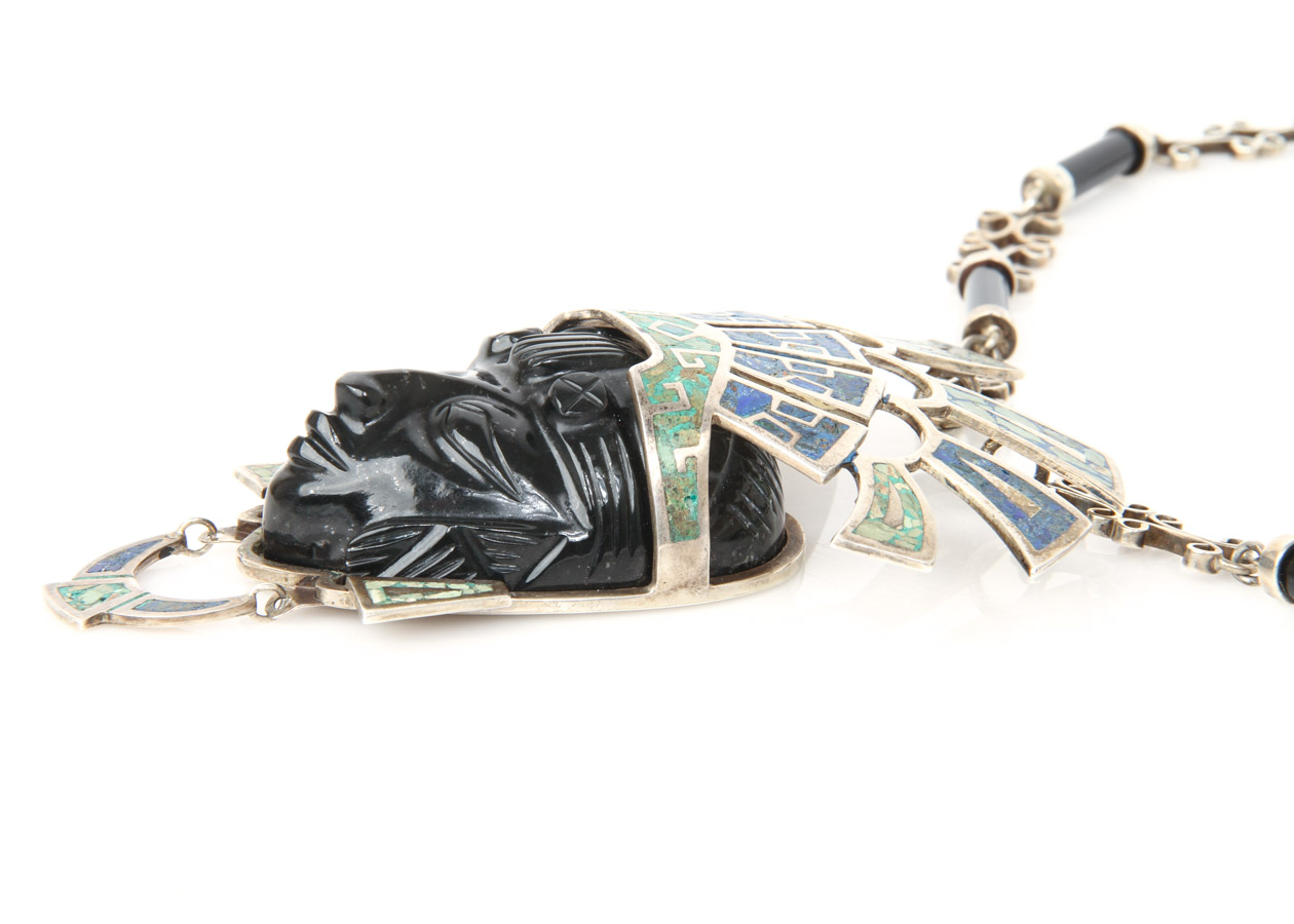 Taxco Sterling Silver, Onyx, and Inlaid Turquoise Aztec Warrior Face Necklace