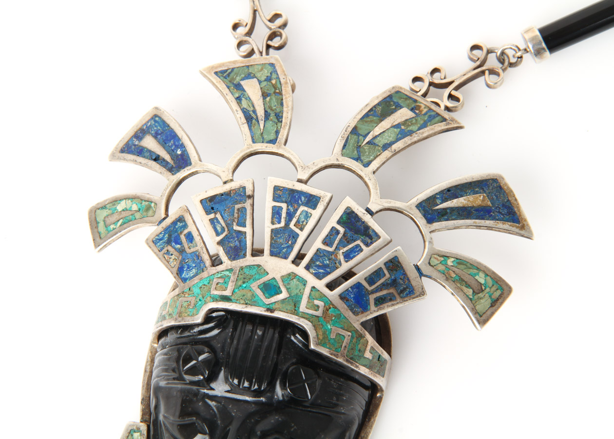 Taxco Sterling Silver, Onyx, and Inlaid Turquoise Aztec Warrior Face Necklace