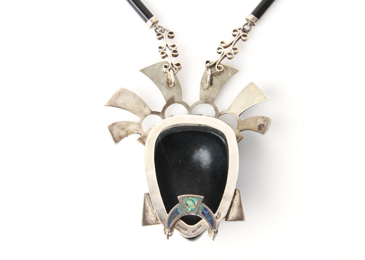 Taxco Sterling Silver, Onyx, and Inlaid Turquoise Aztec Warrior Face Necklace