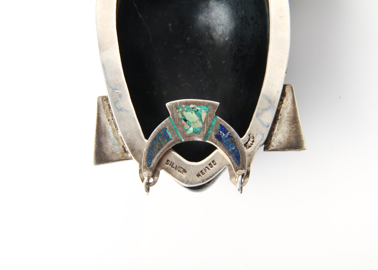 Taxco Sterling Silver, Onyx, and Inlaid Turquoise Aztec Warrior Face Necklace