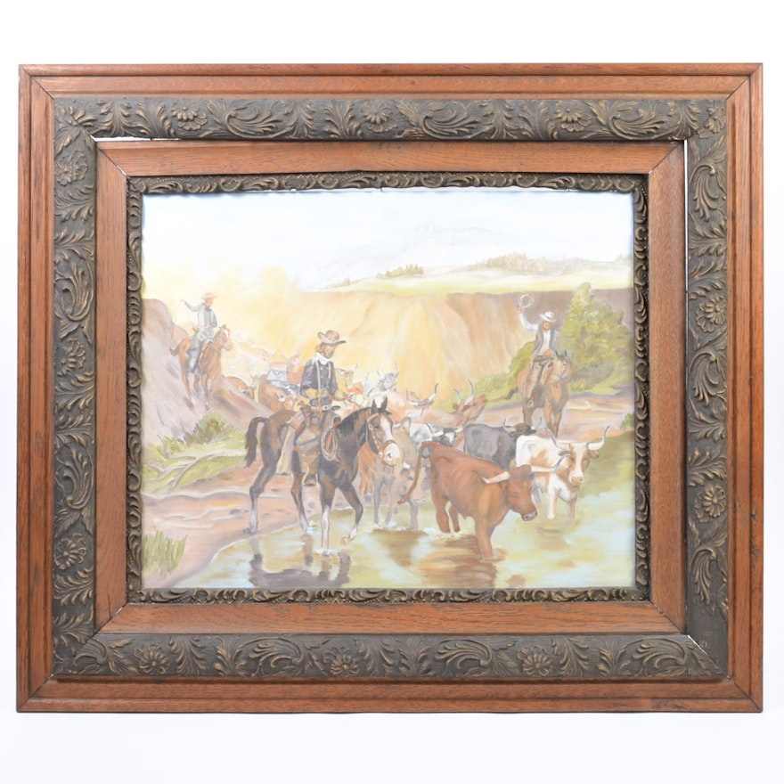 Framed Oil on Canvas of Cowboys Herding Cattle