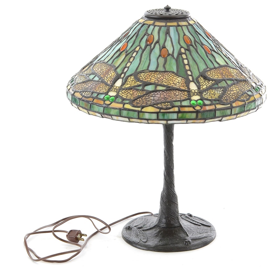 Signed Dragonfly Tiffany Style Lamp