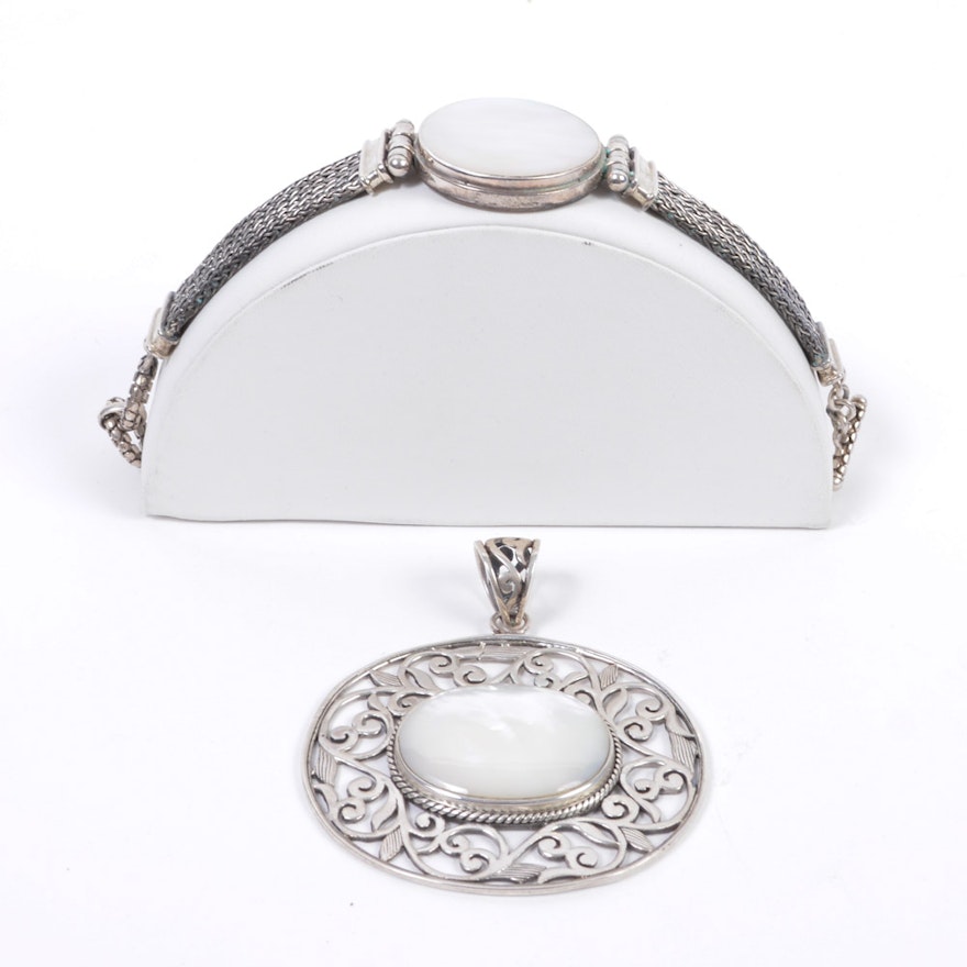 Sterling Silver Mother of Pearl Bracelet and Pendant