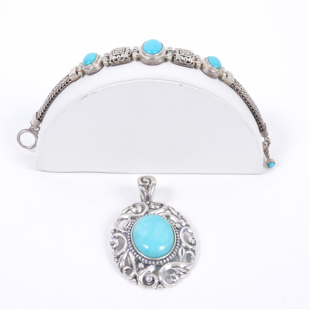 Sterling Silver Turquoise Bracelet and Blue Cabochon Pendant