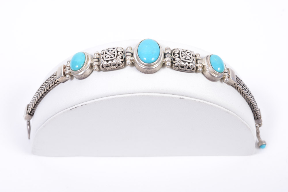 Sterling Silver Turquoise Bracelet and Blue Cabochon Pendant