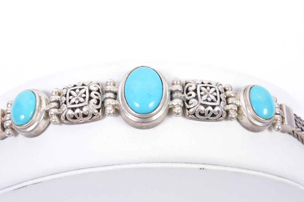 Sterling Silver Turquoise Bracelet and Blue Cabochon Pendant