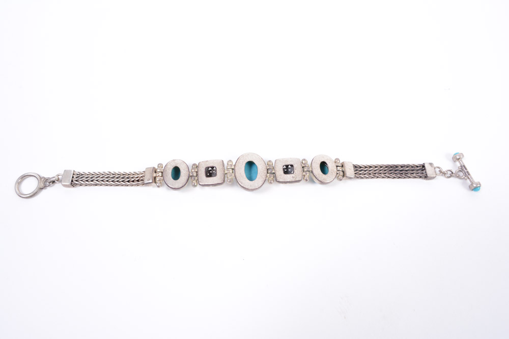 Sterling Silver Turquoise Bracelet and Blue Cabochon Pendant