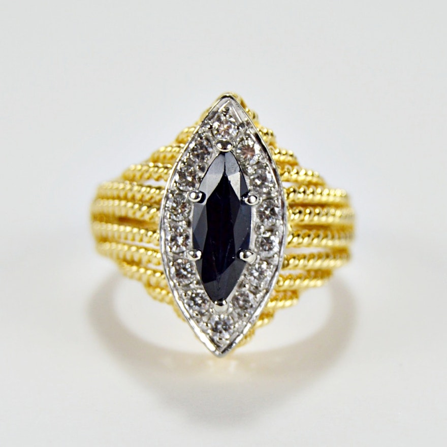 18K Yellow Gold Sapphire and Diamond Navette Ring