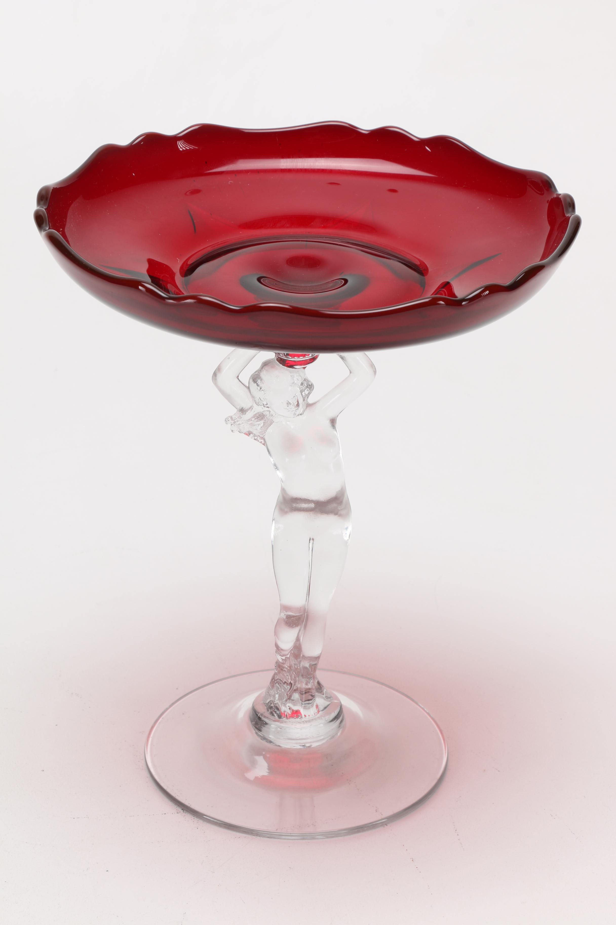 After Cambridge Glass Ruby and Clear Figural Tazzas