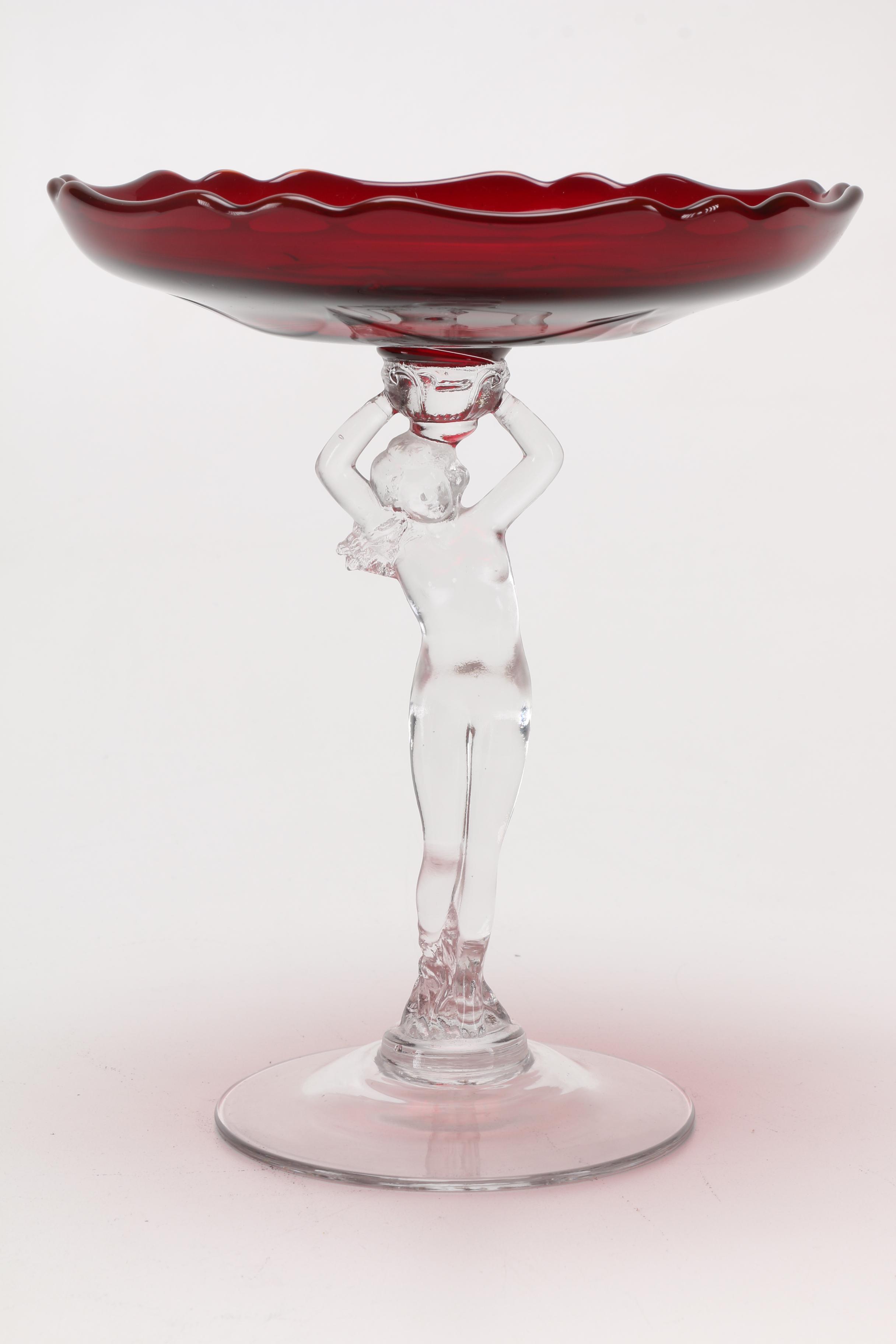 After Cambridge Glass Ruby and Clear Figural Tazzas