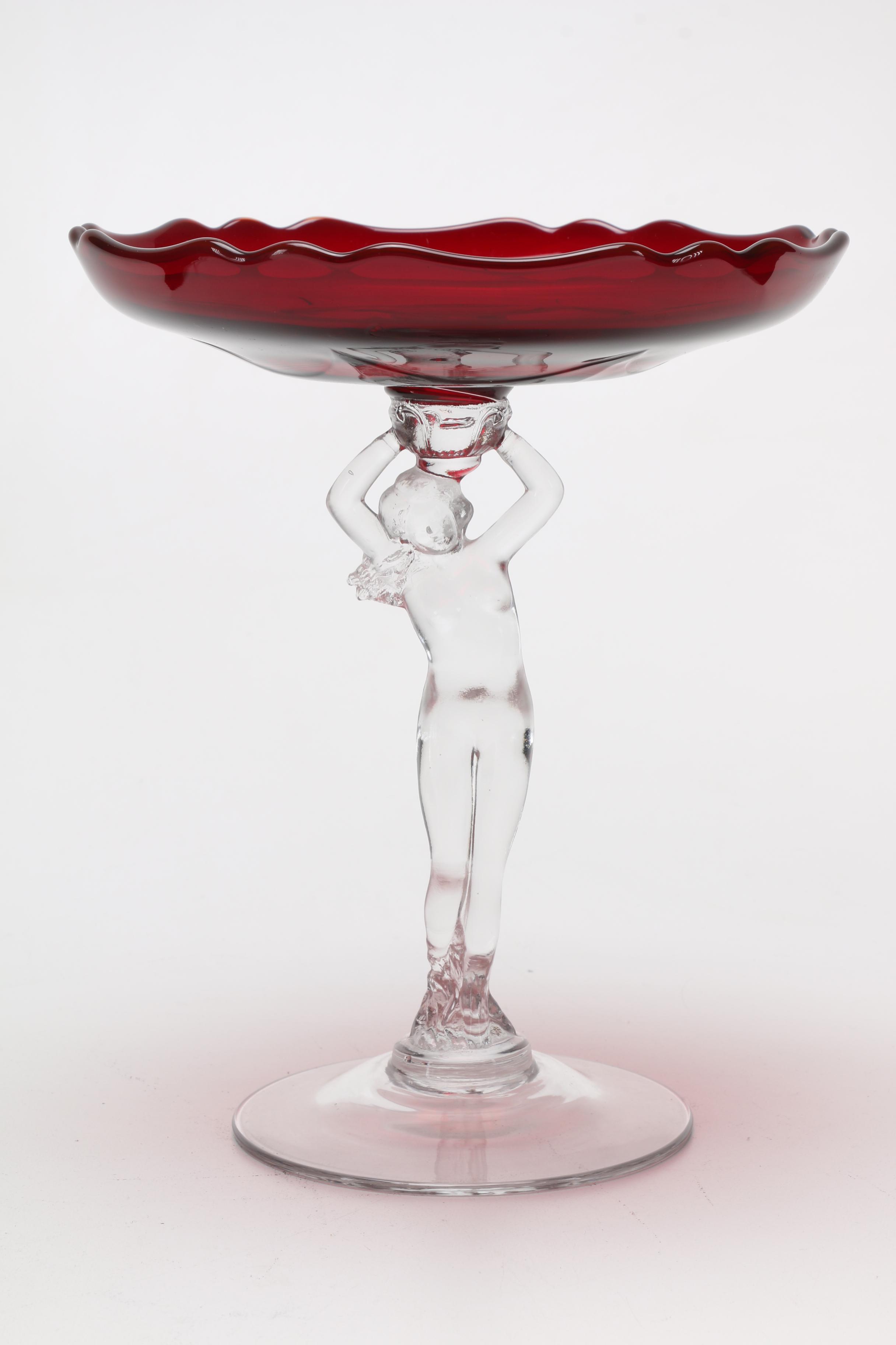 After Cambridge Glass Ruby and Clear Figural Tazzas