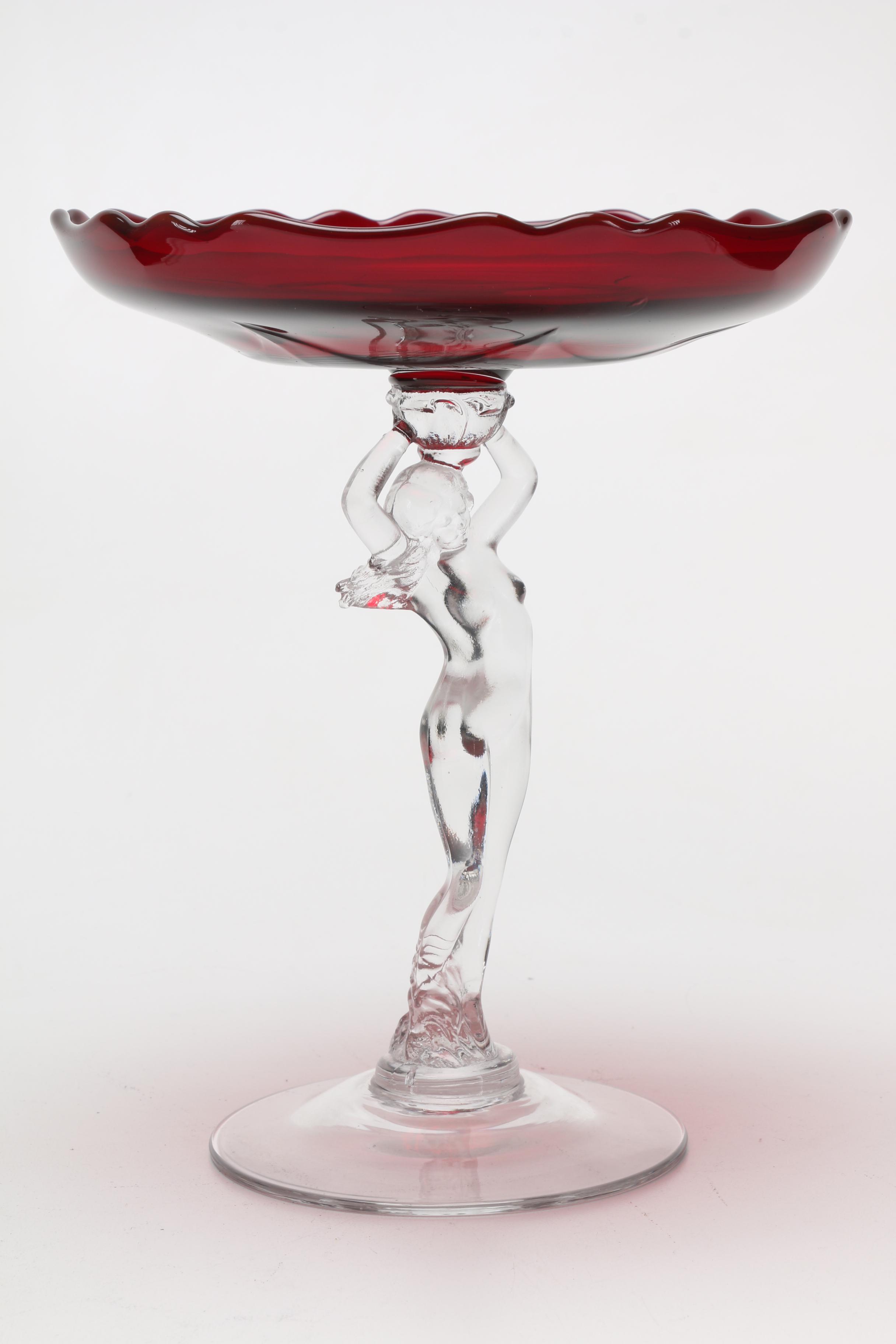 After Cambridge Glass Ruby and Clear Figural Tazzas
