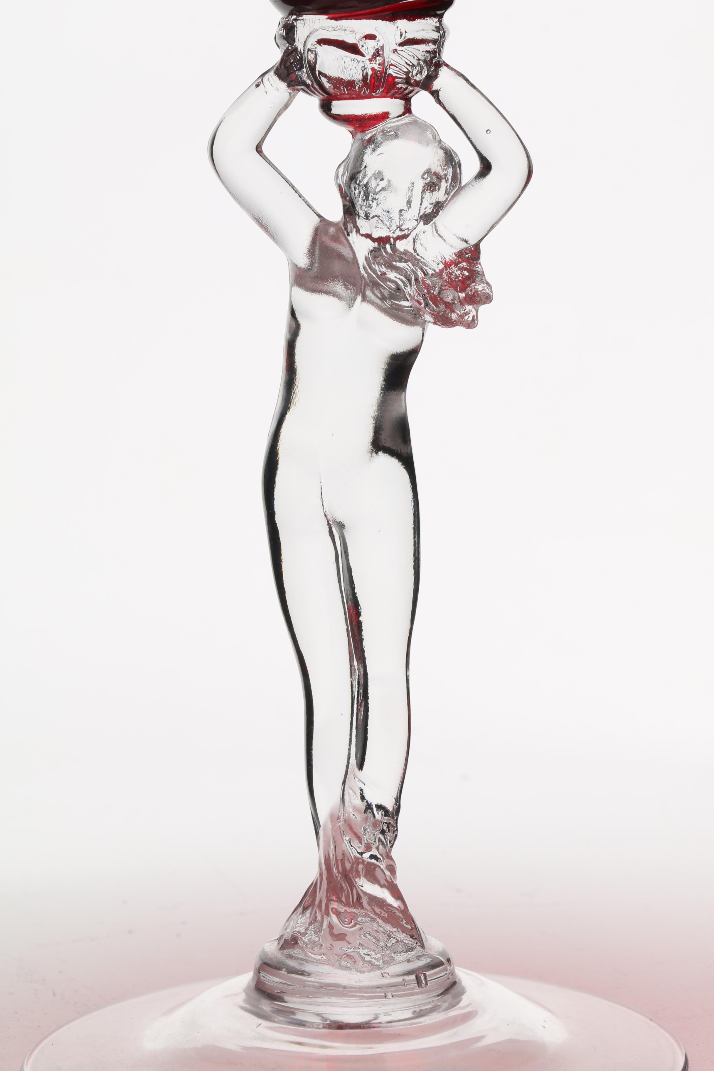 After Cambridge Glass Ruby and Clear Figural Tazzas