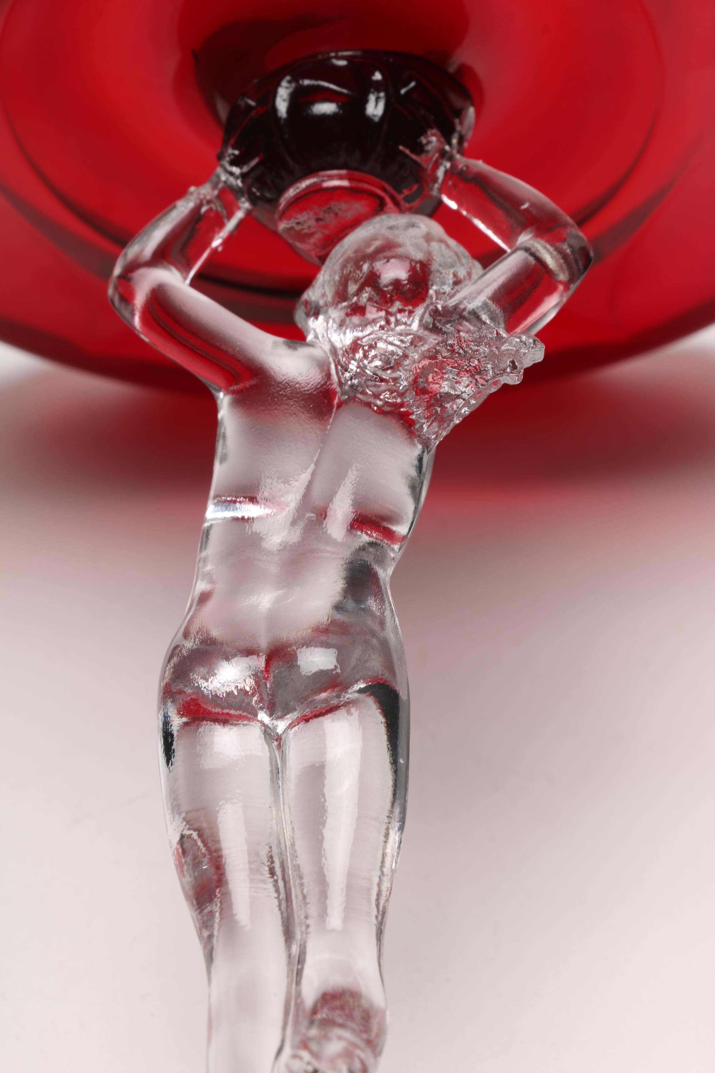 After Cambridge Glass Ruby and Clear Figural Tazzas