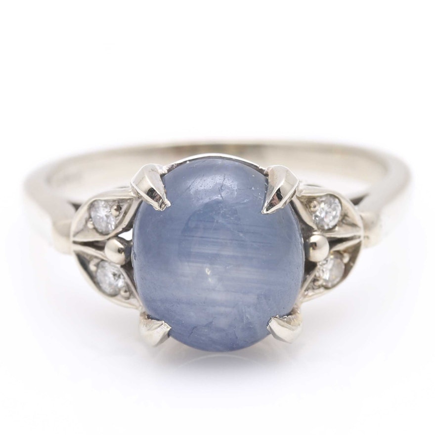 14K White Gold Star Sapphire and Diamond Ring