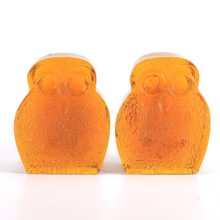 Blenko Mid-Century Glass Owl Bookends