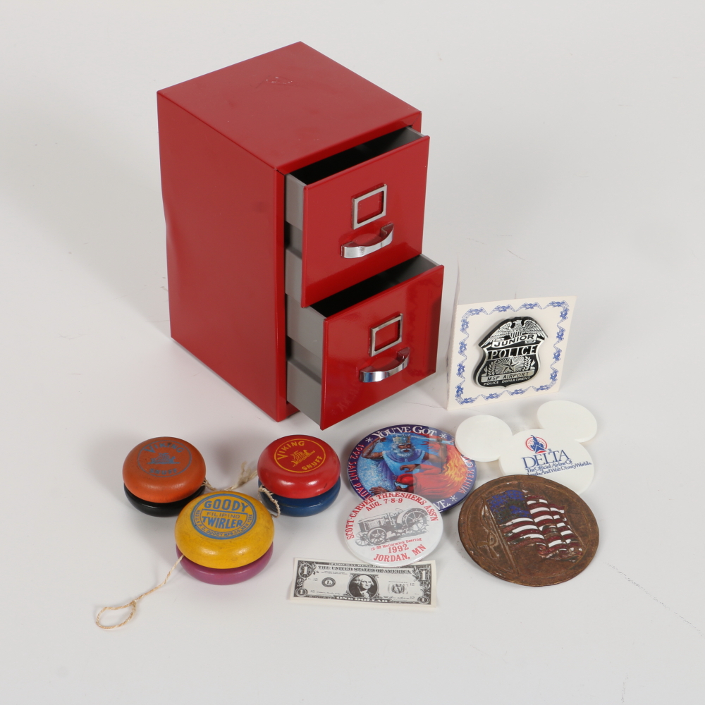 Miniature Metal File Cabinet With Vintage Wooden Yo-Yos