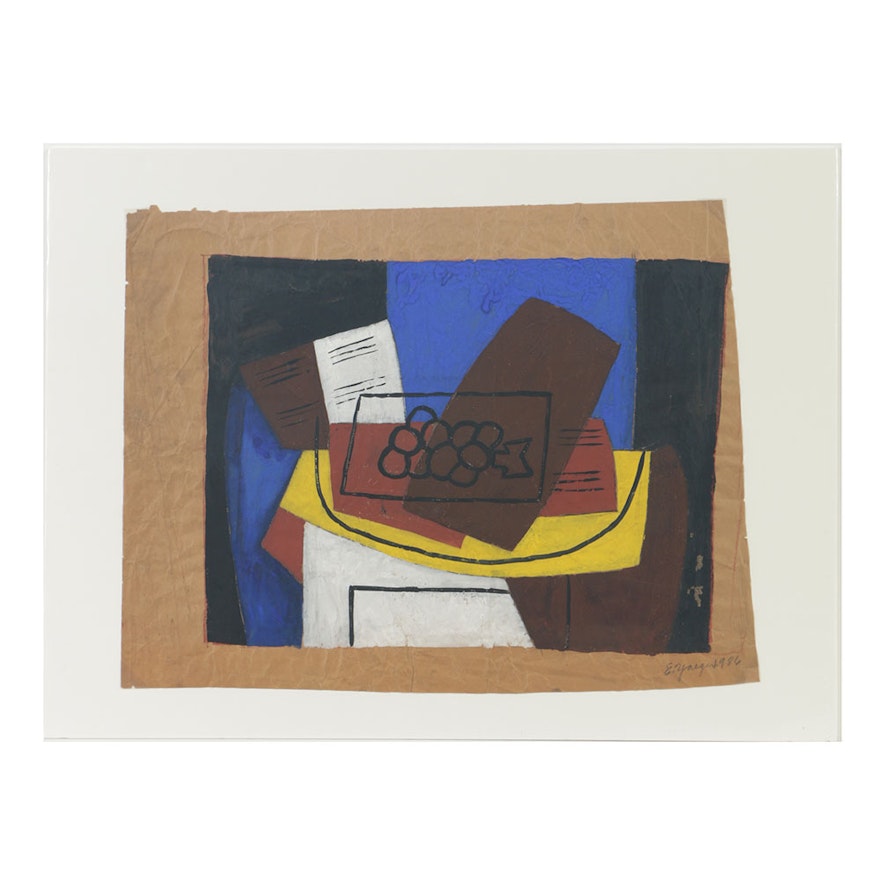 Edgar Yaeger Gouache Painting on Brown Paper Abstract Still Life