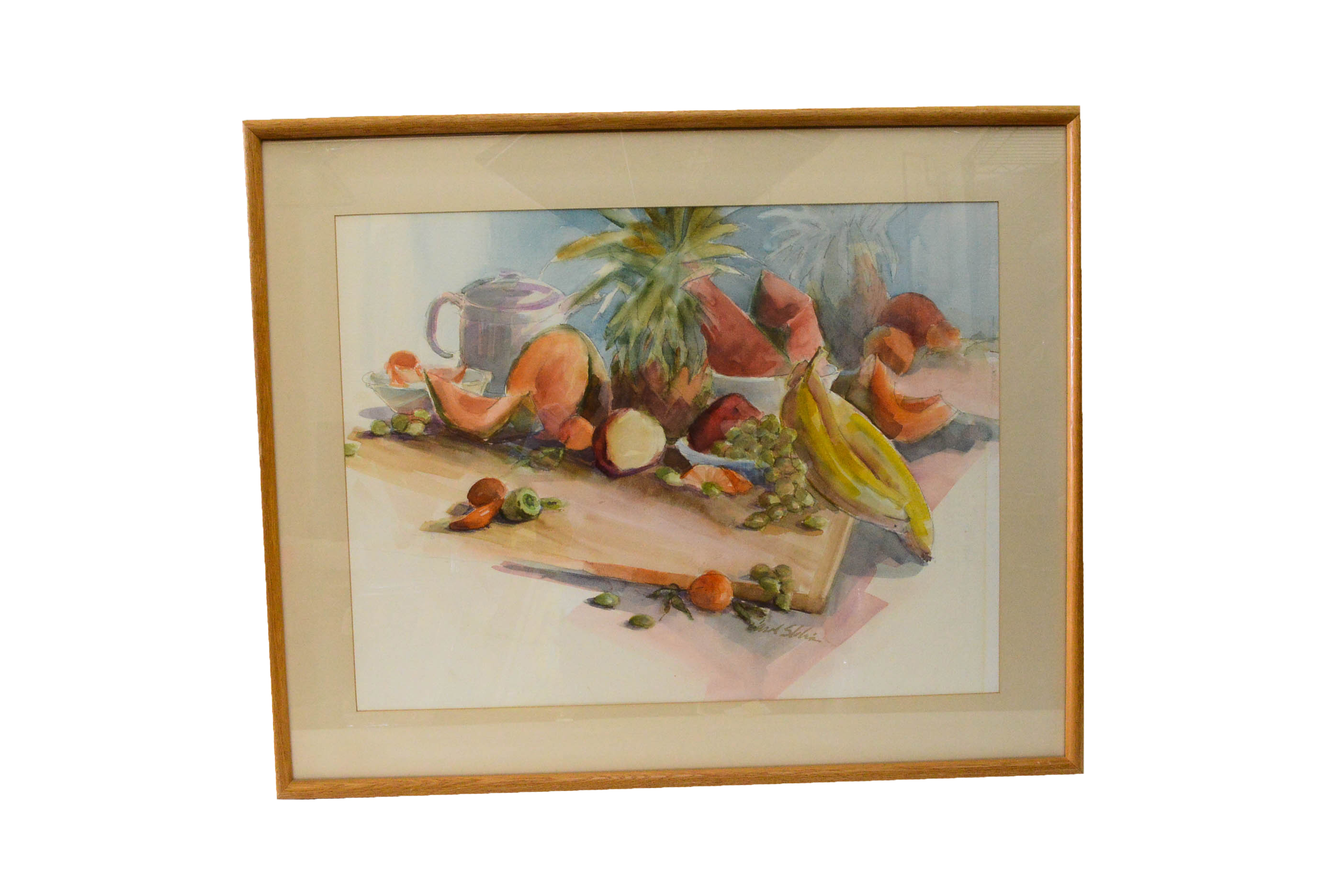 Framed and Signed Still Life Watercolor of Fruit