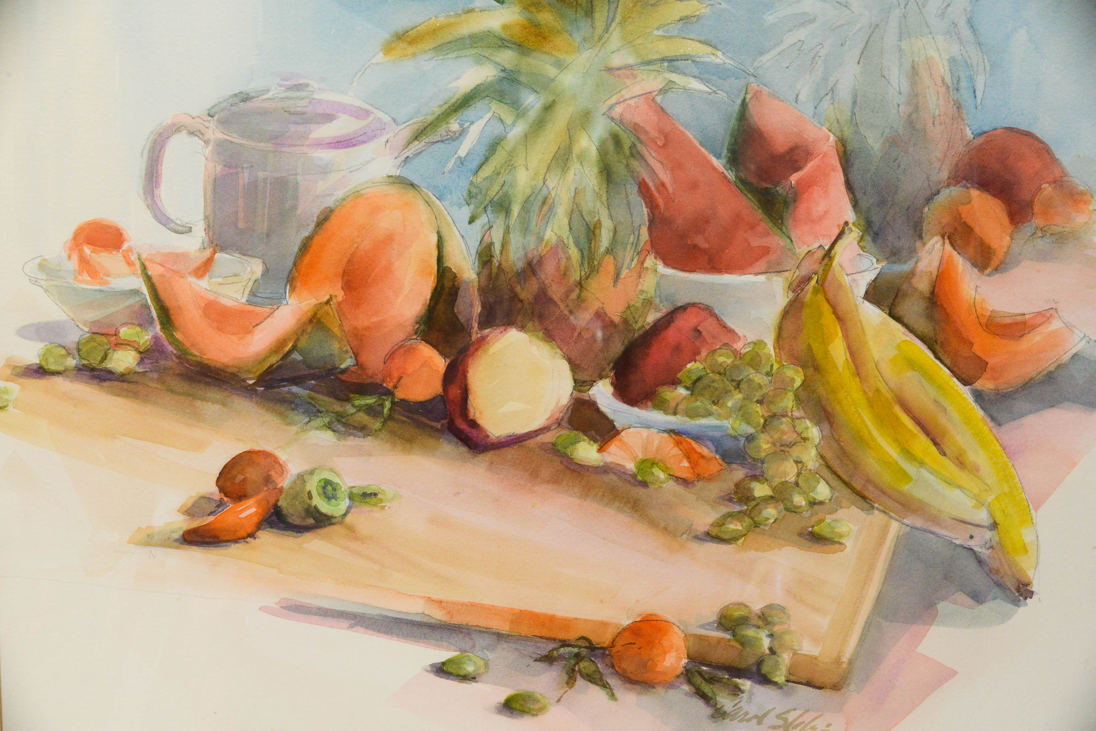 Framed and Signed Still Life Watercolor of Fruit