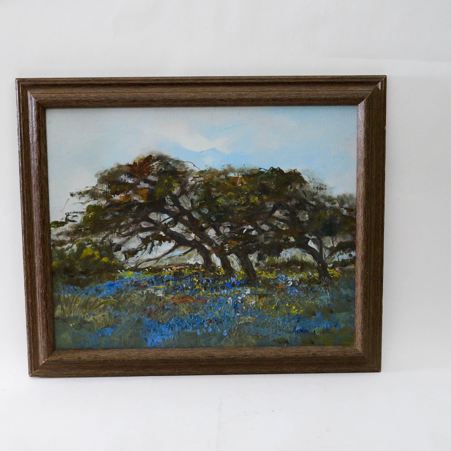 Framed Impressionist Oil on Canvas of Trees and Wild Flowers by Teresa Justice