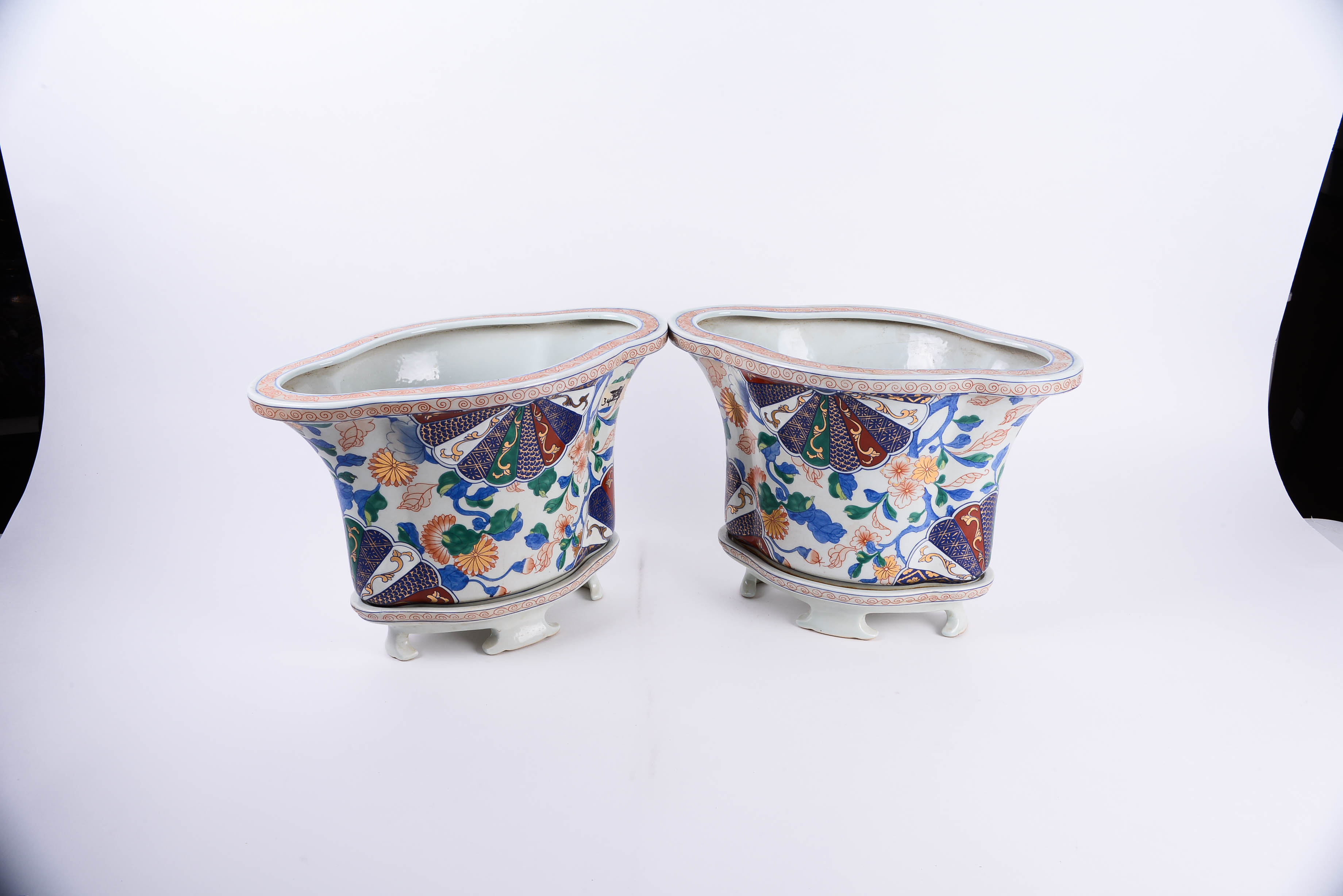 Pair of Hand Decorated Imari Style Cache Pots with Gold Tone Detailing and Underplates