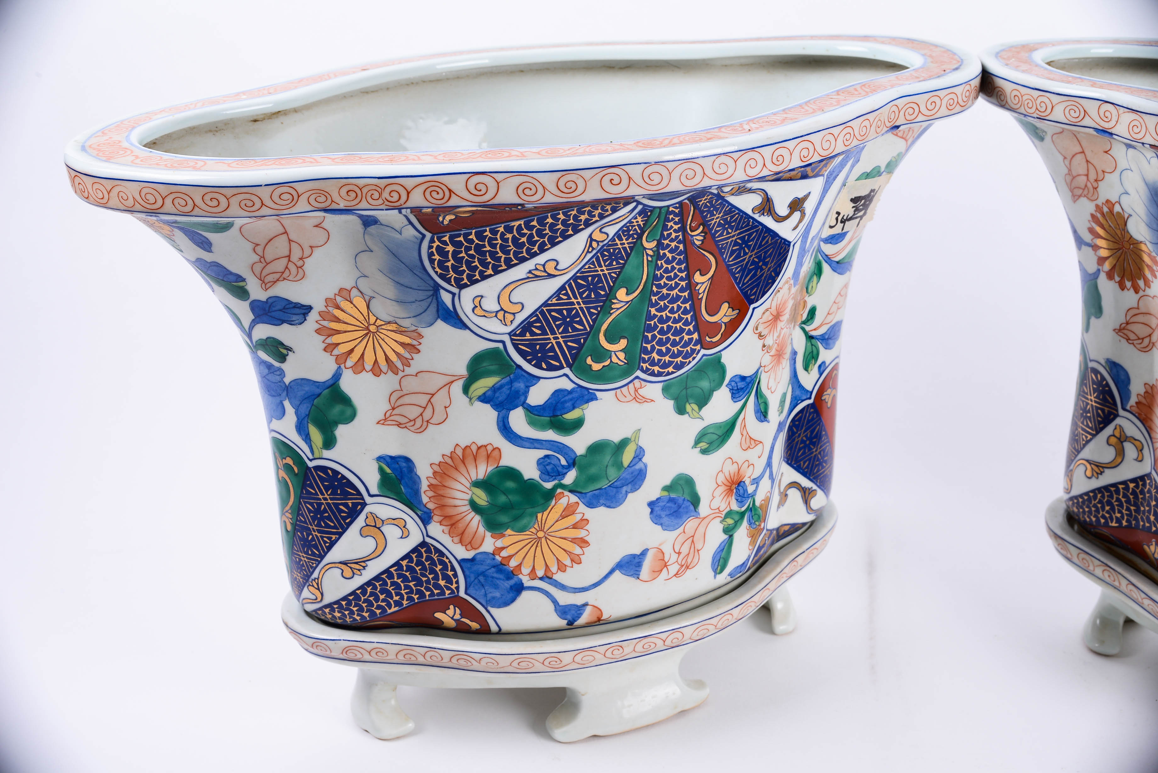 Pair of Hand Decorated Imari Style Cache Pots with Gold Tone Detailing and Underplates