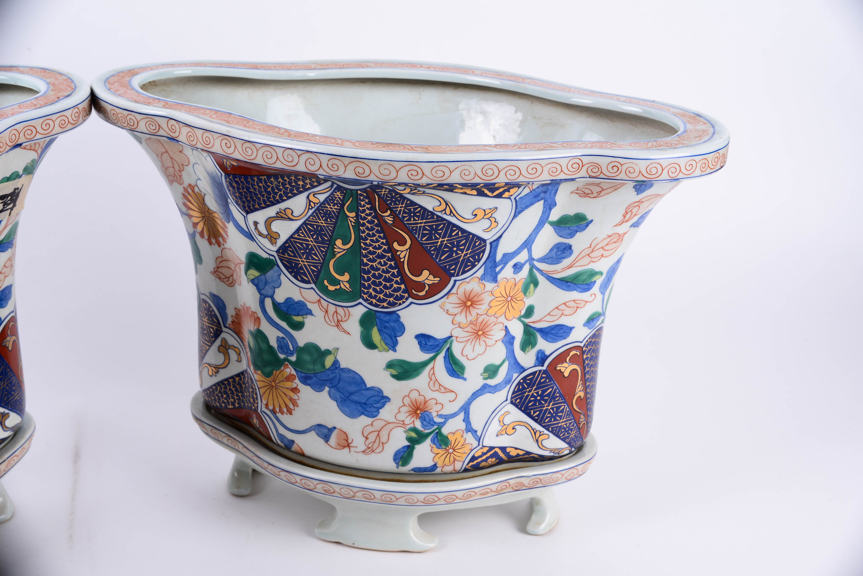 Pair of Hand Decorated Imari Style Cache Pots with Gold Tone Detailing and Underplates