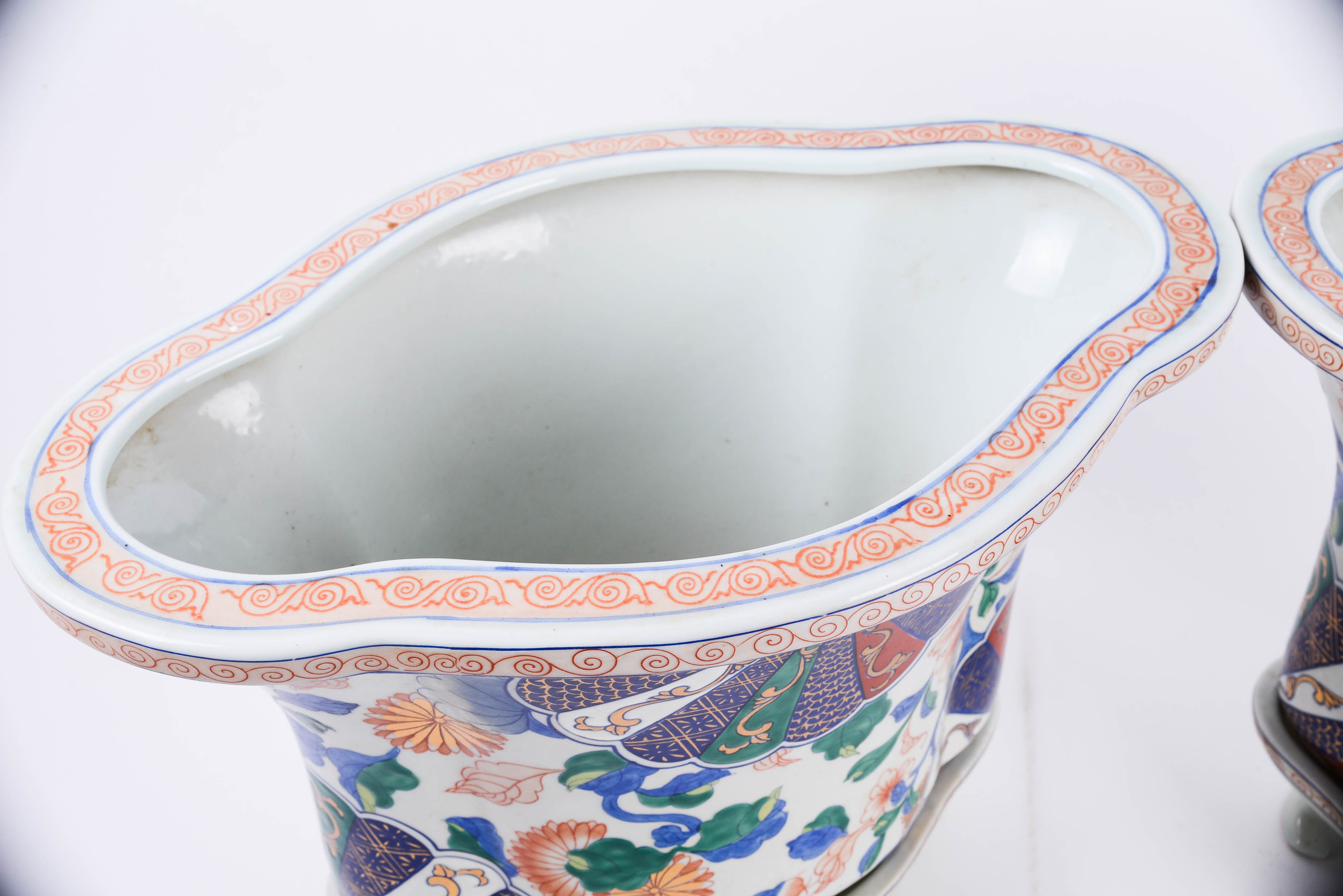 Pair of Hand Decorated Imari Style Cache Pots with Gold Tone Detailing and Underplates