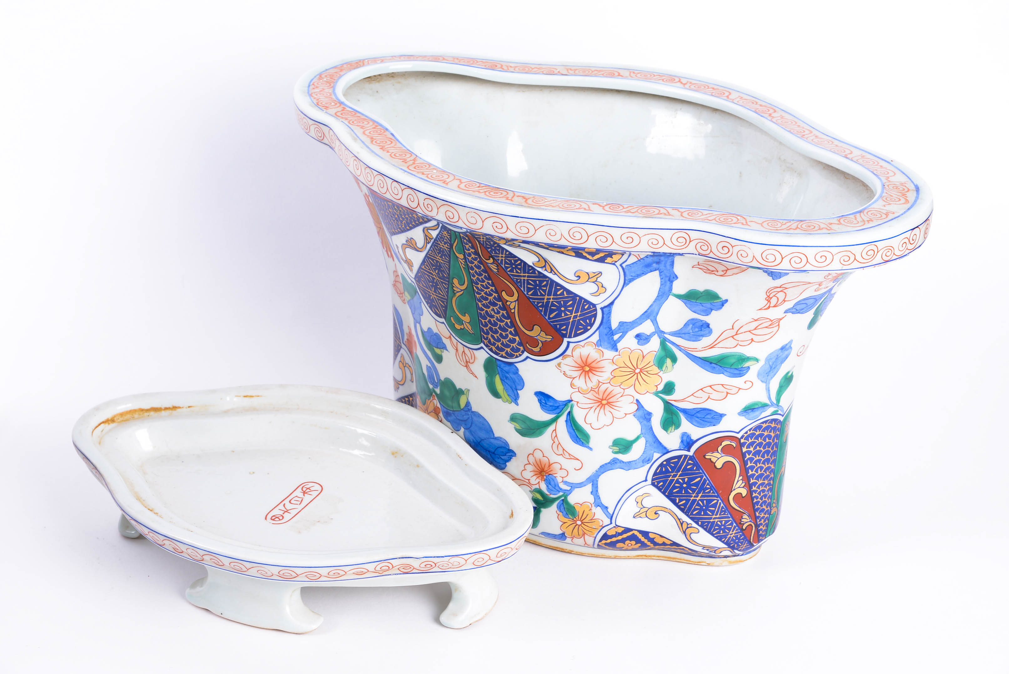 Pair of Hand Decorated Imari Style Cache Pots with Gold Tone Detailing and Underplates