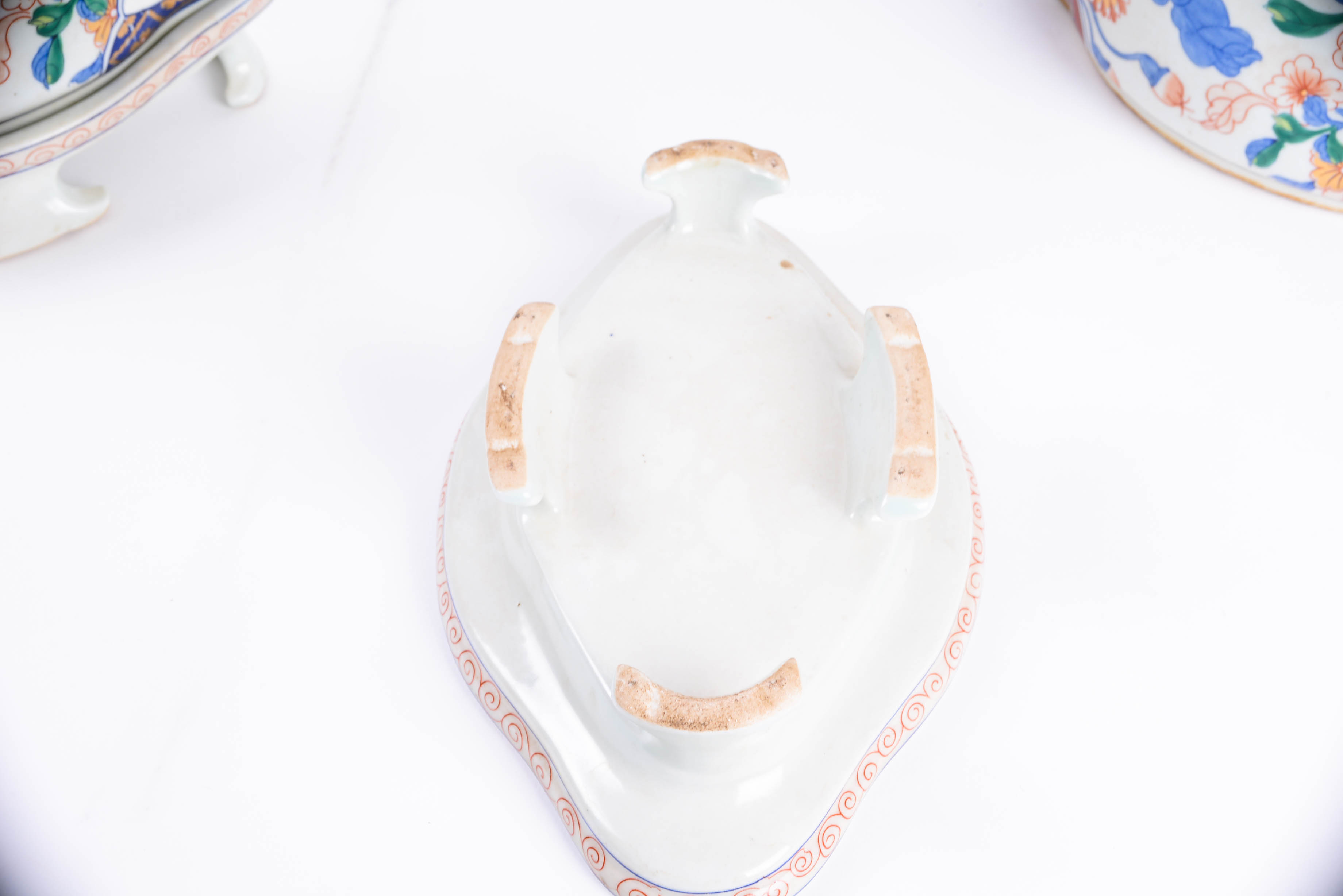 Pair of Hand Decorated Imari Style Cache Pots with Gold Tone Detailing and Underplates