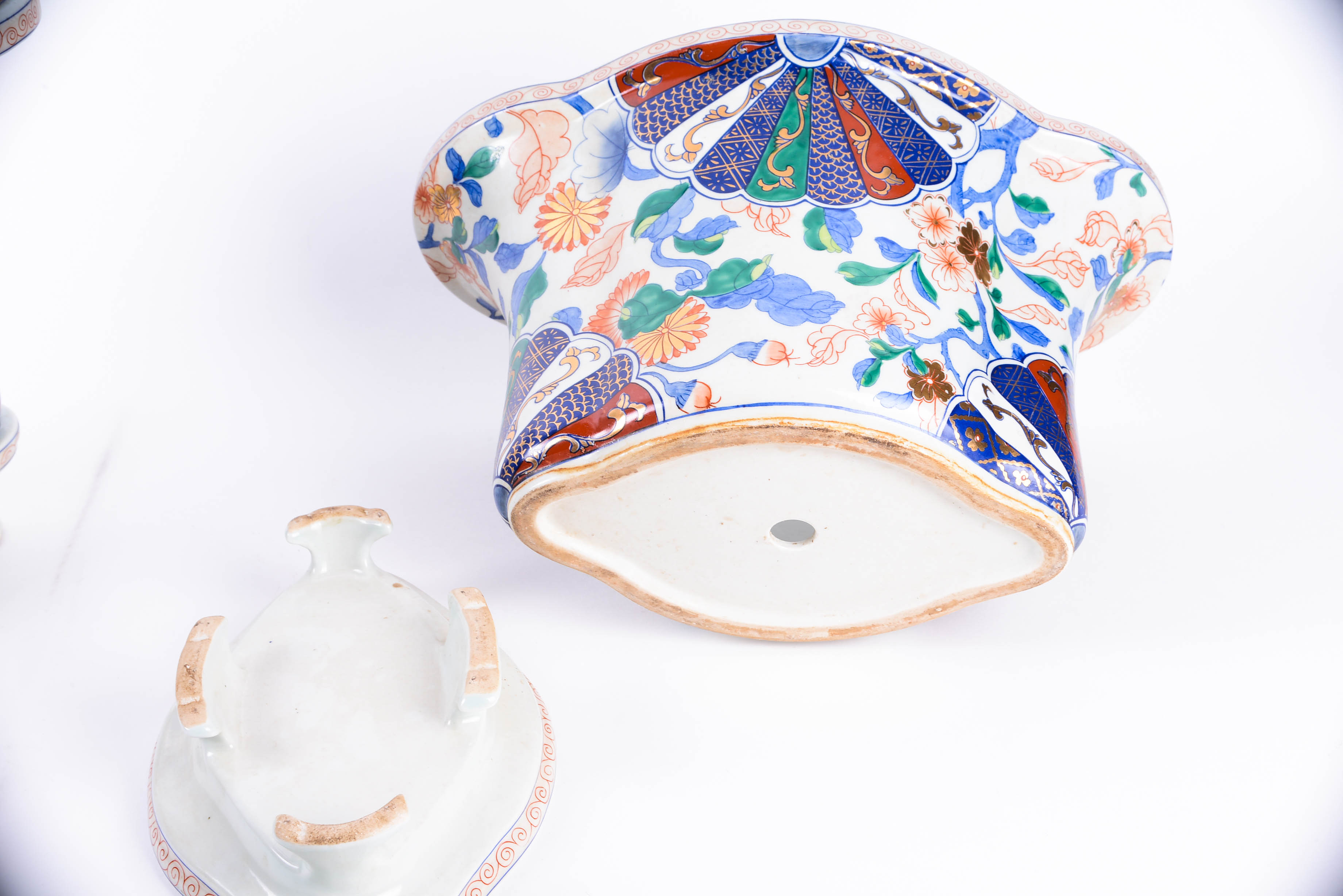 Pair of Hand Decorated Imari Style Cache Pots with Gold Tone Detailing and Underplates