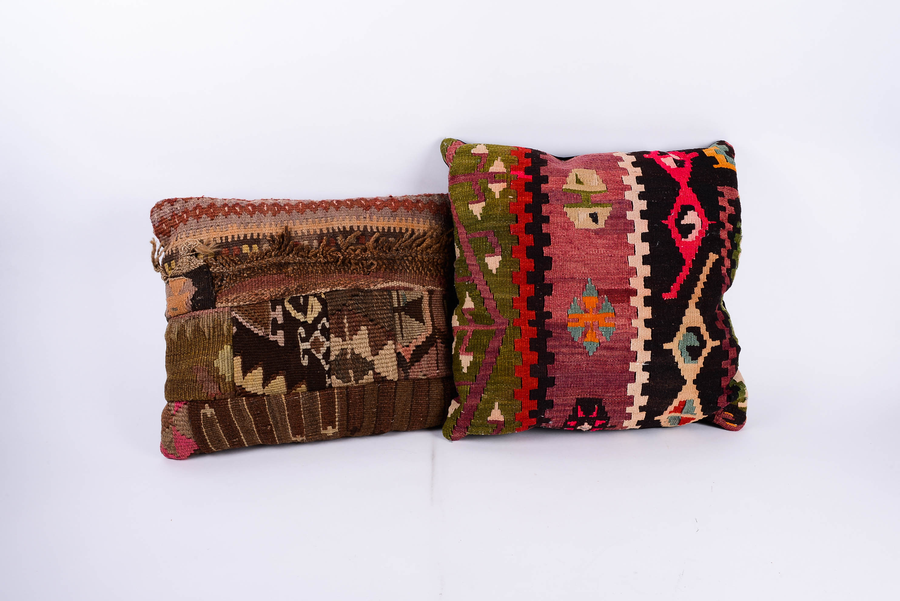 Pair of Antique Kilim Rug Throw Pillows with Velvet Backs