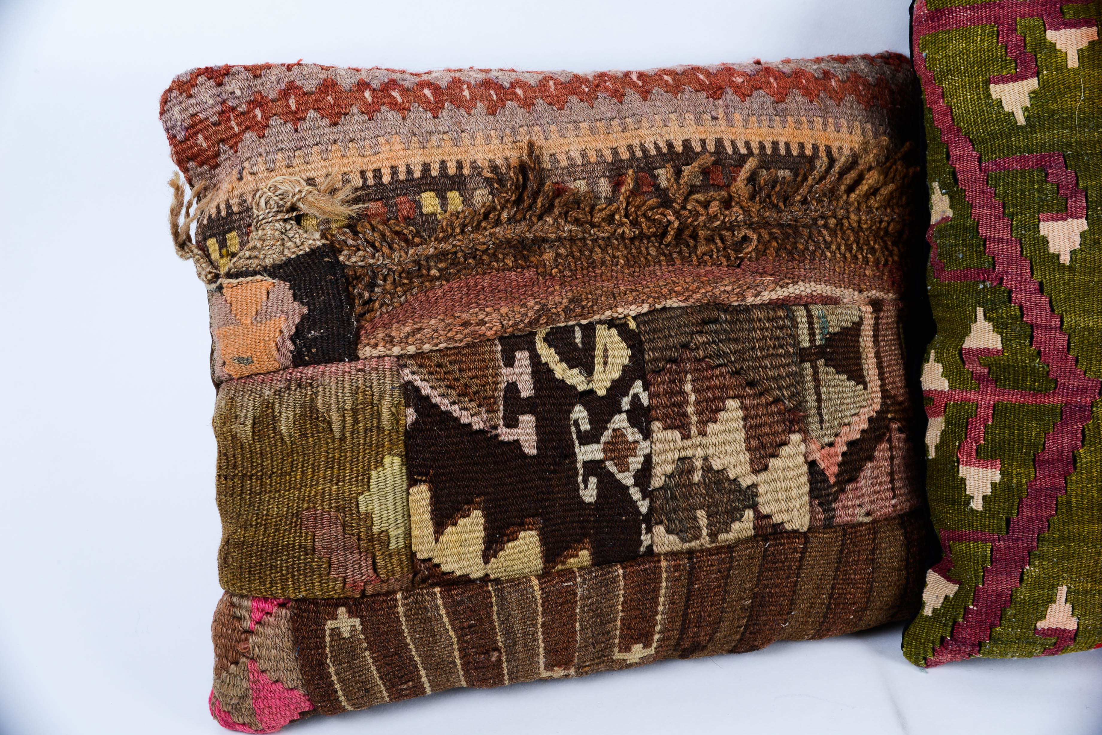 Pair of Antique Kilim Rug Throw Pillows with Velvet Backs