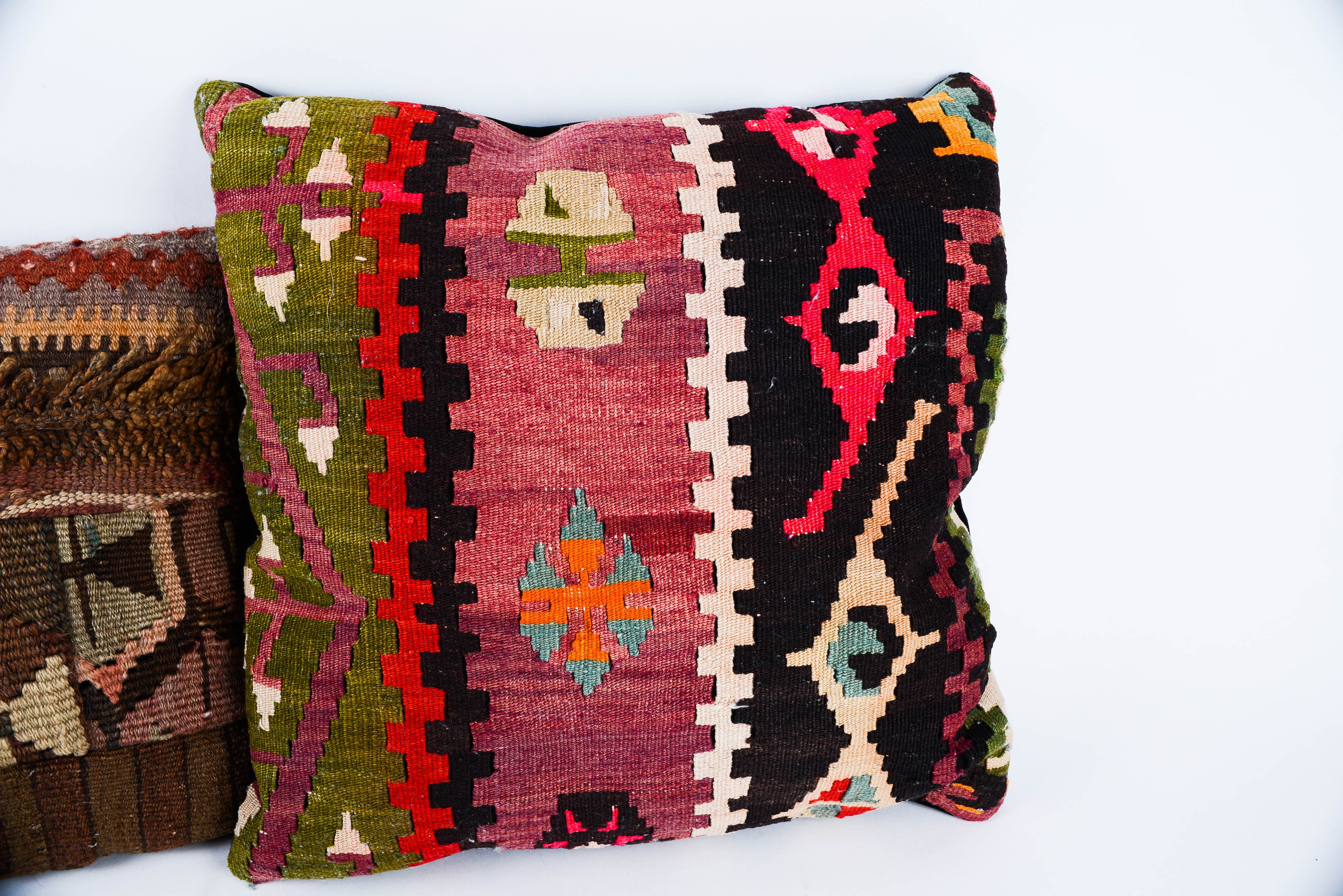 Pair of Antique Kilim Rug Throw Pillows with Velvet Backs