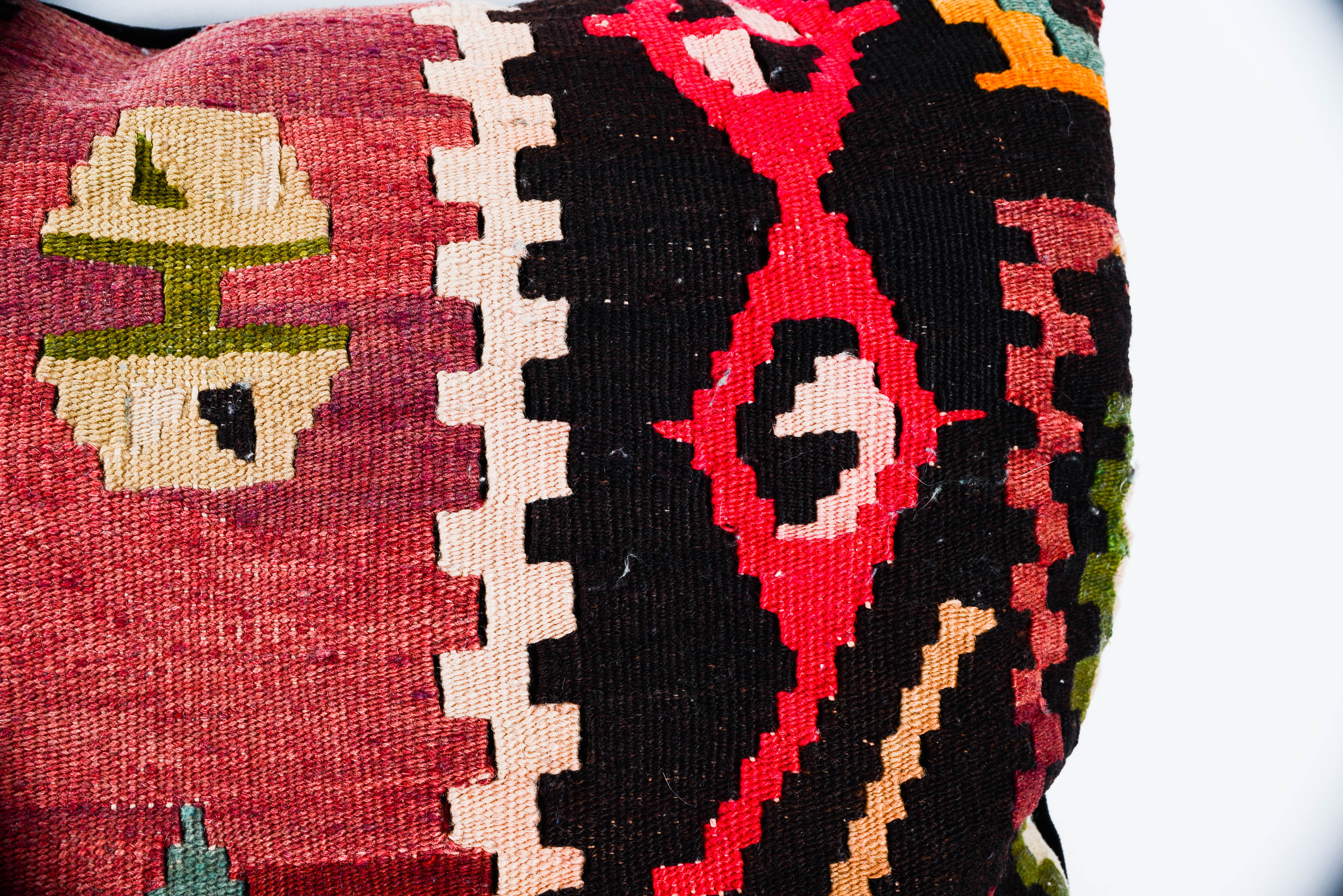 Pair of Antique Kilim Rug Throw Pillows with Velvet Backs