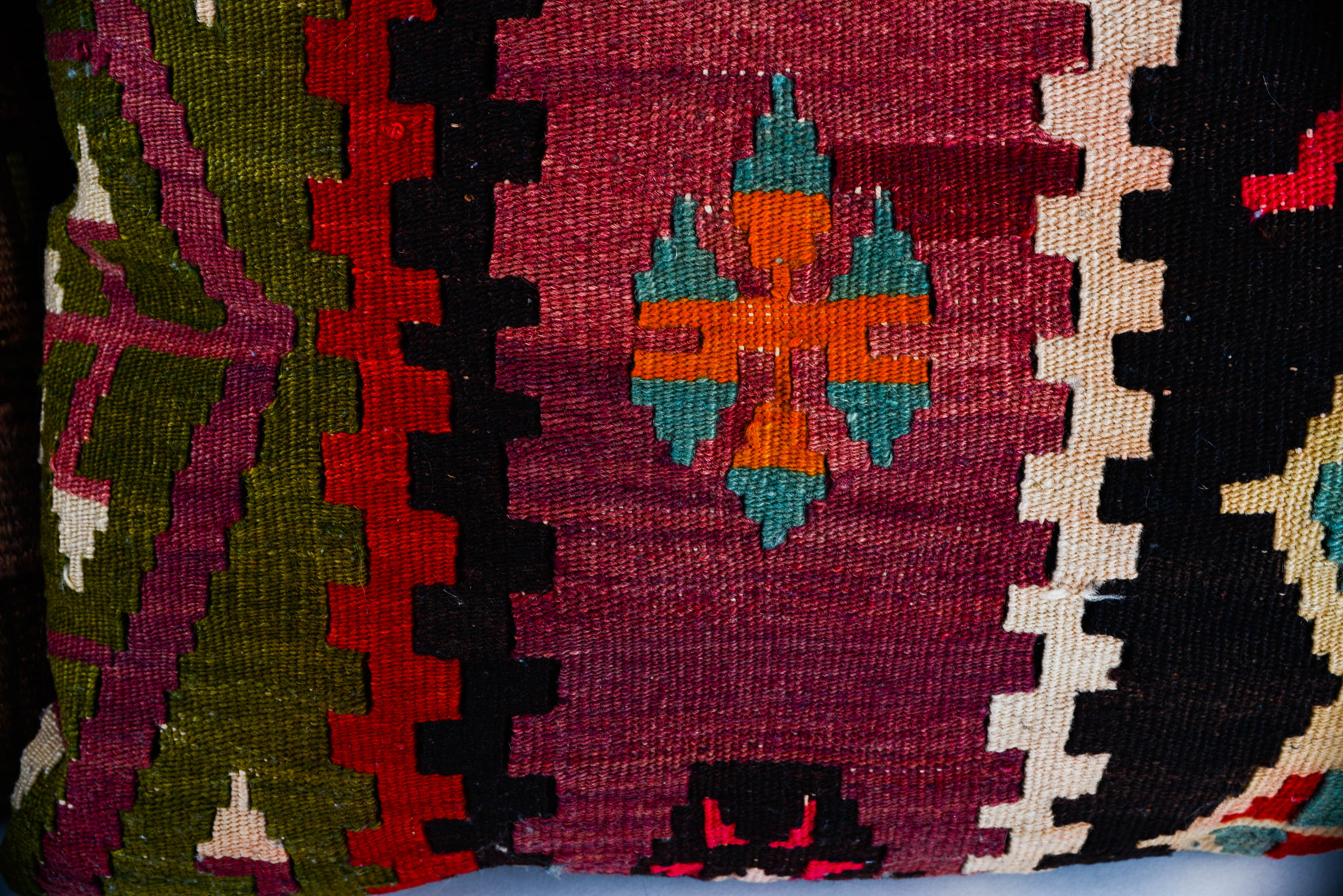 Pair of Antique Kilim Rug Throw Pillows with Velvet Backs